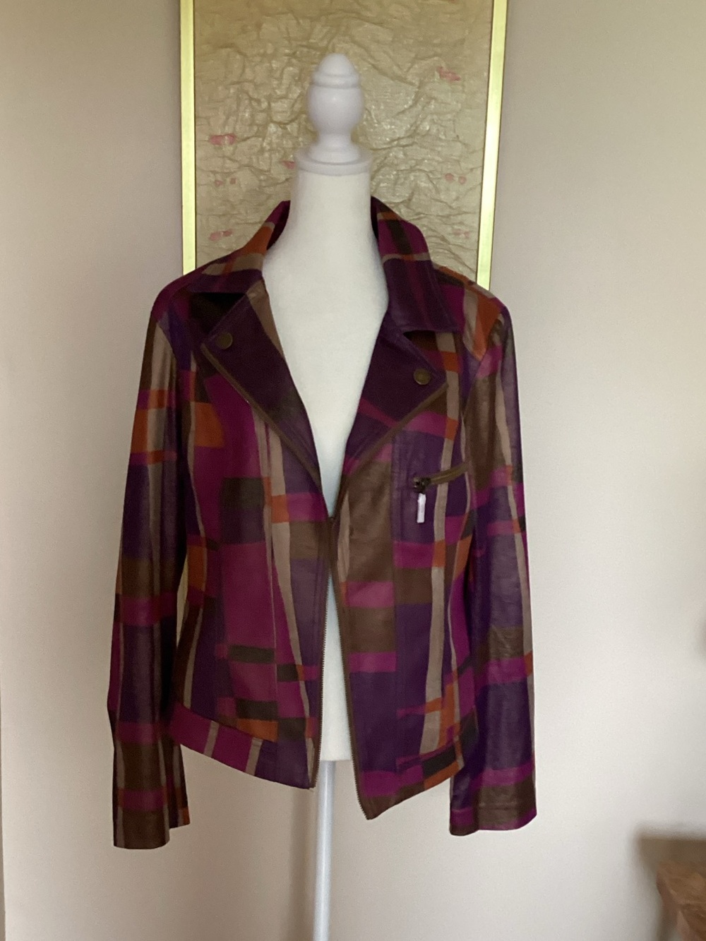 Joseph Ribkoff Multicolor Plaid Leather Moto Jacket in Plum, Brown, Orange